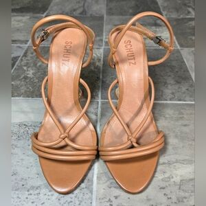 SCHUTZ DARYL NAPPA LEATHER CORK SCULPTURAL WEDGE SANDALS.